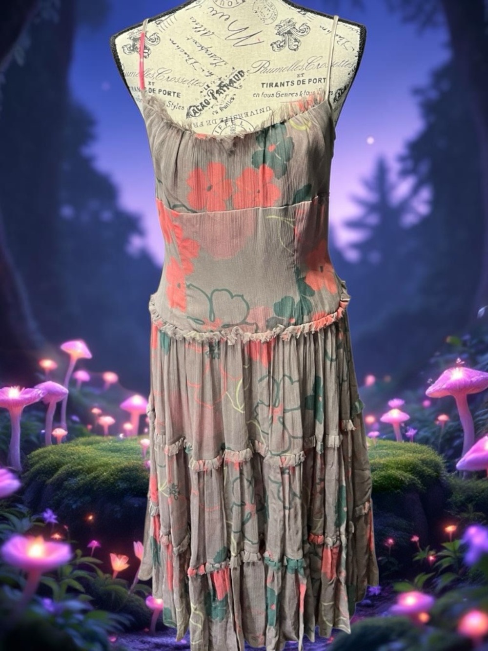 Vtg Y2K Floral Tiered Silk Fairy Dress